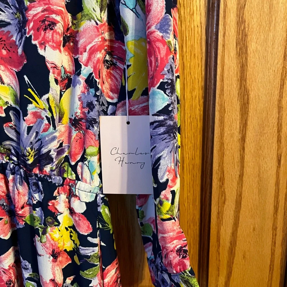 NWT Charles Henry Floral Long Sleeve Button Down Cinch Waist Dress - Sz XS - Picture 3 of 6